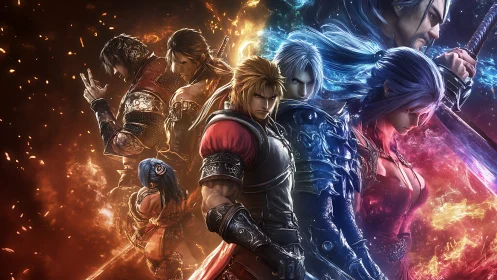 Fantasy warriors split by fire and ice in dramatic standoff.