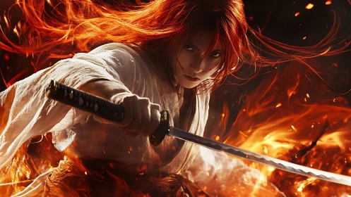 Fiery samurai warrior with sword slashing through flames.