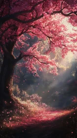 Cherry blossom tree over forest path in diffused light.