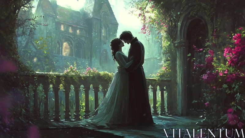 Romantic Embrace in Gothic Ruins with Blooming Wisteria