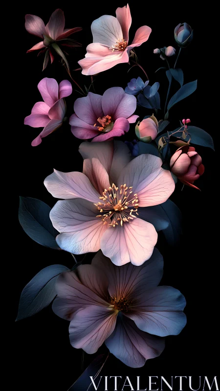 Luminous Botanical Study: Dark Background Floral Arrangement.