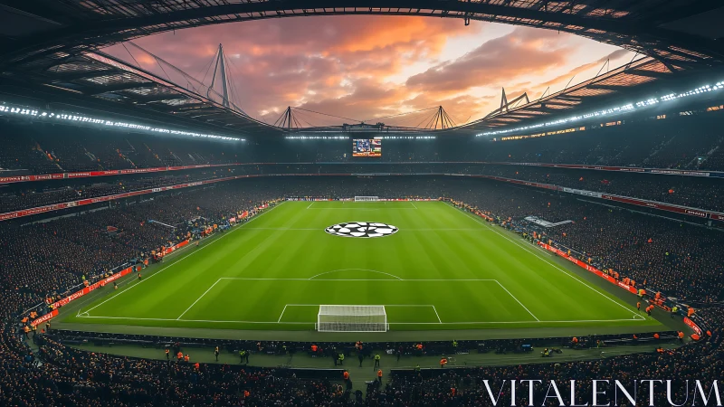 Floodlit arena cradles a luminous pitch under ember skies