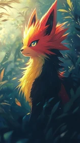 Fiery fox guardian poised in glowing forest light.
