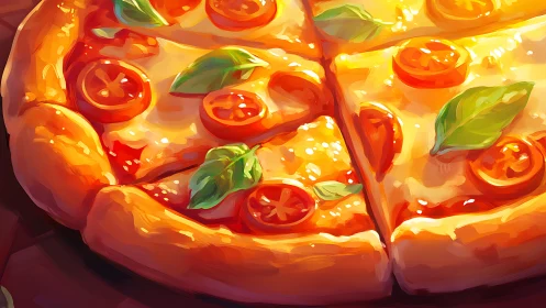 Vibrant digital painting of margherita pizza slices in close-up