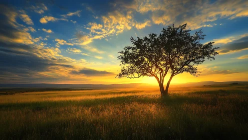 Solitary tree silhouetted in radiant grassland sunset sky.