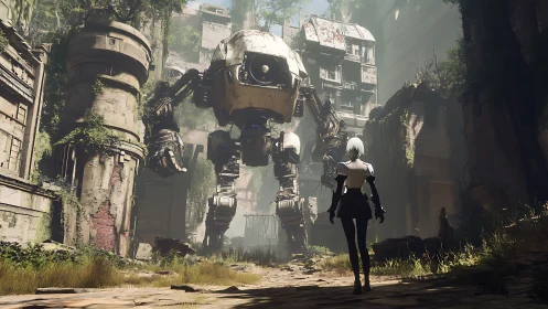 Rusted city colossus meets lone android in quiet ruins