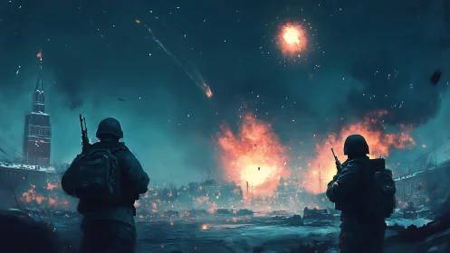 Urban battlefield skyline under heavy nighttime bombardment.