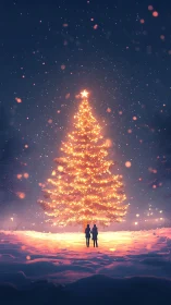 Illuminated city park Christmas tree under snowfall at night