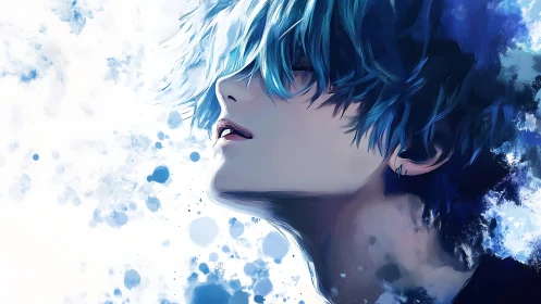 Side-profile anime portrait merges fluid splatter abstraction