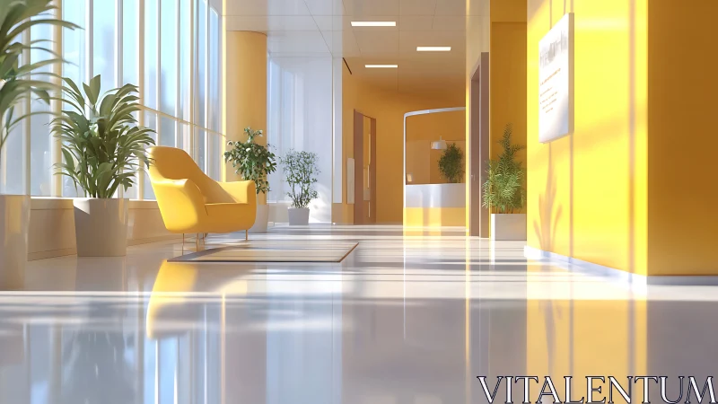 Daylit yellow lobby interior emphasizes glossy flooring reflections