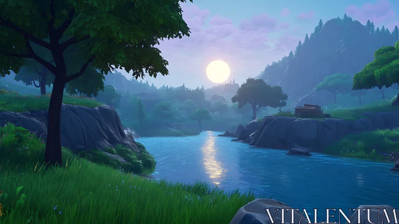 Peaceful river valley glowing under a gentle evening sun.