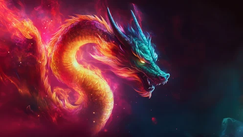 Fiery neon dragon twisting through dark cosmic space.