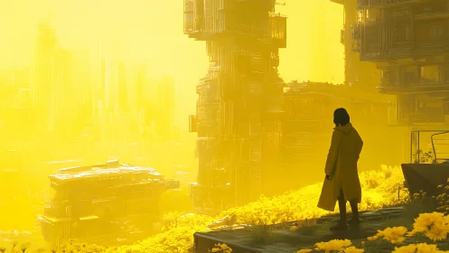Cyberpunk megastructures in luminous yellow atmospheric field.