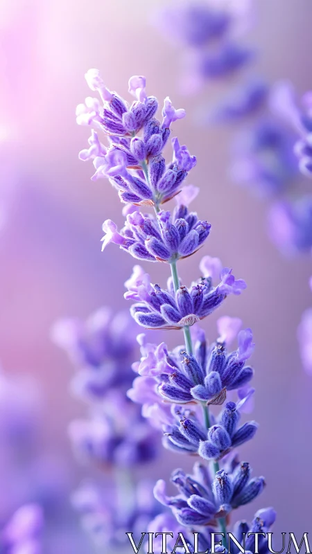Macro lavender spike in soft-focus pastel bokeh field.