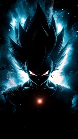 Silhouetted energy figure with spiked hair in blue aura glow.