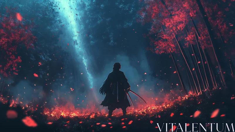 Solitary swordsman confronts burning forest under volumetric light