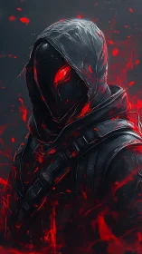 Hooded dark figure with red glowing eyes and energy.