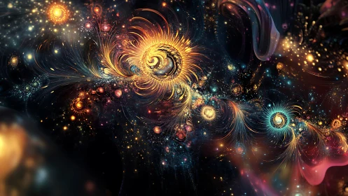 Stellar spirals dance in a neon-blooming cosmic tapestry.