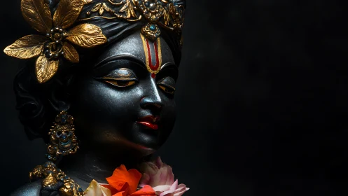 Close-up of ornate dark stone deity statue with flowers.