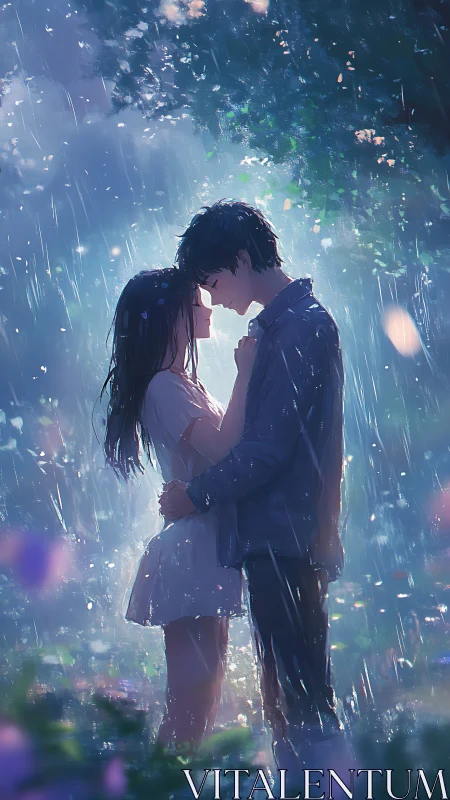 Romantic anime couple embracing in soft evening rain