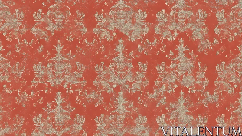 Coral red damask pattern with distressed floral motif.