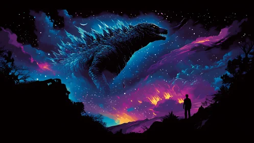 Colossal reptilian figure over neon sky with human silhouette.