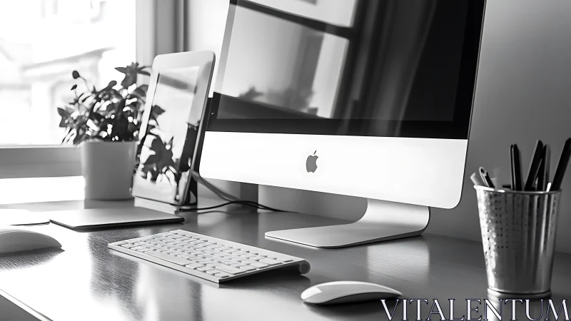 Monochrome minimalist workspace with desktop, tablet, and plant