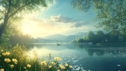 Sunlit lake landscape with flowers, trees and mountains.