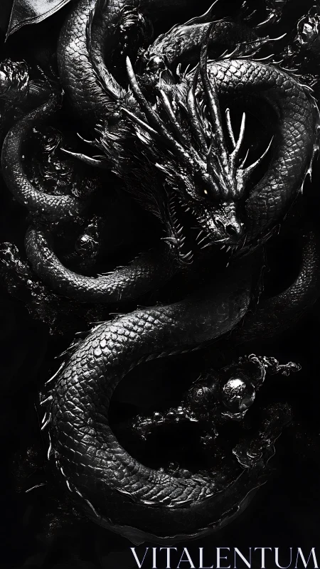 Obsidian dragon coils through darkness in high contrast.