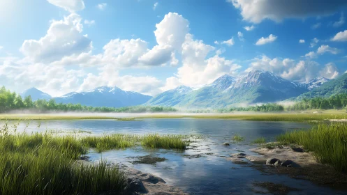 Photorealistic alpine lake panorama with luminous cloudscape.