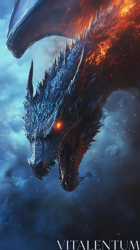 Armored fire dragon roars against stormy blue sky.
