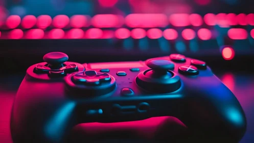 Gaming Controller with Neon Lighting: Magenta-Cyan Gradient Illumination