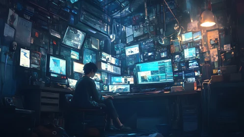 Solitary operator monitors dense multi-screen cyber workspace