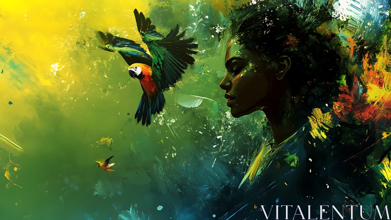 Digital painting portrait with macaw and abstract jungle field.