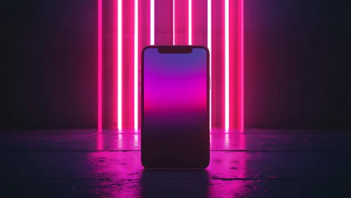 Smartphone stands centered against vertical pink neon lights