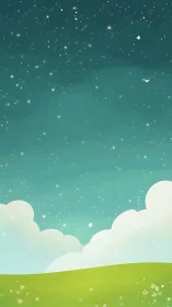 Digital night sky scene depicts grassy hill and cloud forms