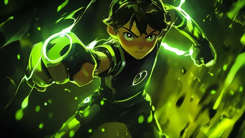 Green-lit young hero punches forward through neon chaos