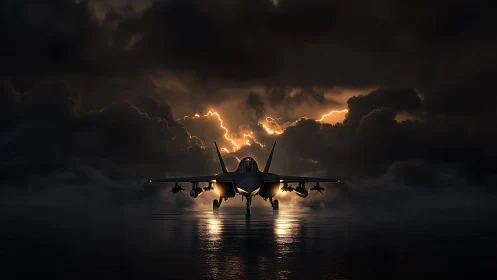 Stealth fighter jet silhouette confronts storm-lit horizon