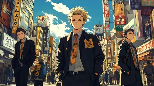 Urban anime youths in tailored uniforms on neon city street