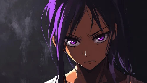 Intense anime girl with glowing violet eyes in shadowed light.