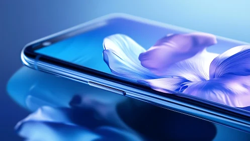 Sleek blue smartphone with floral digital display detail.