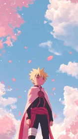 Anime child stands under sky with clouds and petals