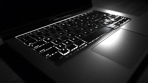Moody laptop keyboard glowing softly in the dark night.