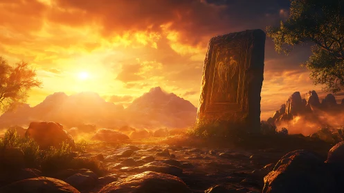 Ancient monolith under blazing fantasy sunset sky.