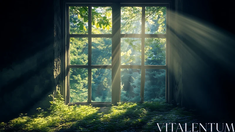 Forest light through old window in abandoned room.