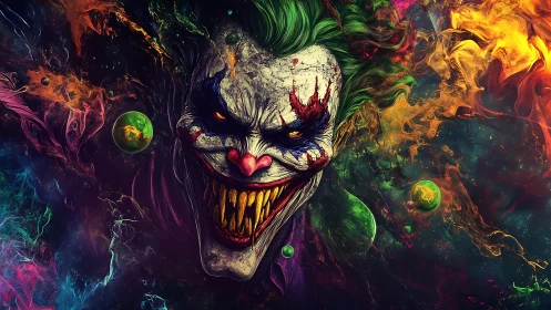 Grotesque clown face floats amid neon cosmic chaos