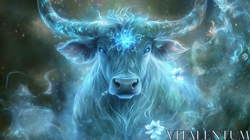 Starlit celestial bull gazes calmly through swirling blue magic