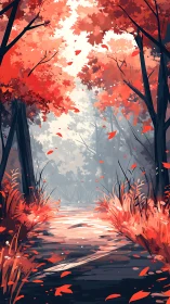 Autumn's Crimson Path Through the Forest.