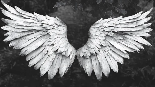 Monochrome sculpted angel wings with textured feather layers.