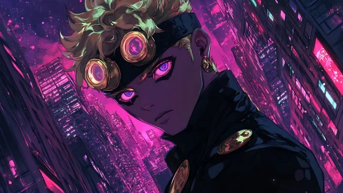 Neon city rebel with glowing violet eyes at midnight.